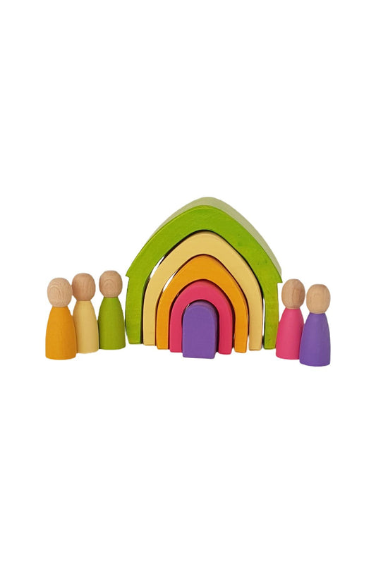 Waldorf Pastel Renkler 5'li Ev ve 5'li Peg Bebek Seti Ahsap Oyuncak