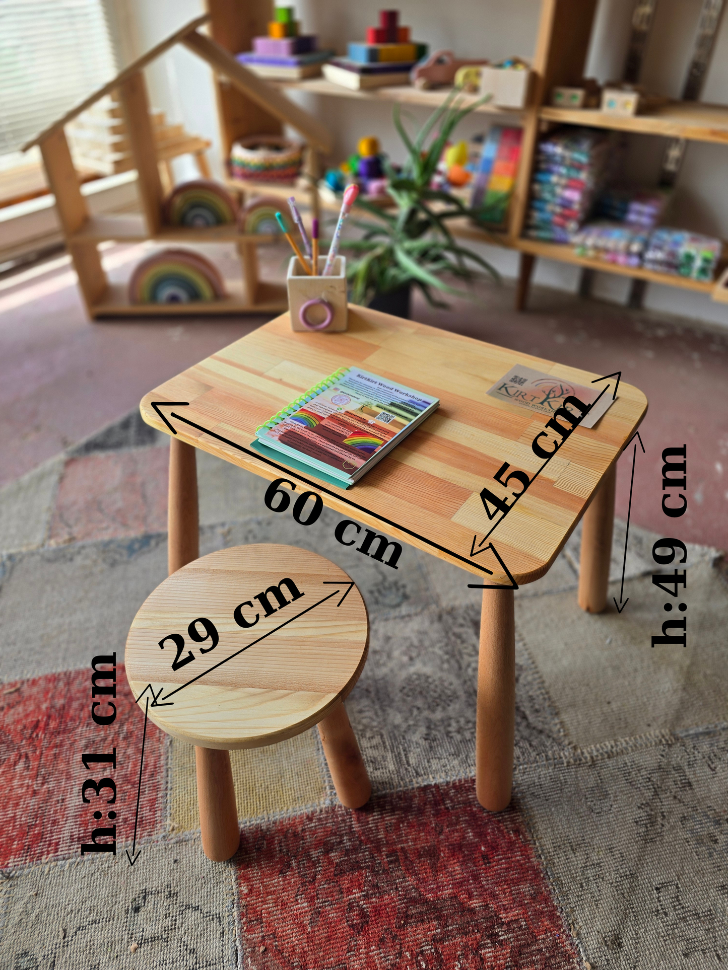 Montessori Çocuk Masa ve 2 Tabure Seti | 60x45 cm Doğal Ahşap Çocuk Masası (2 Tabureli)