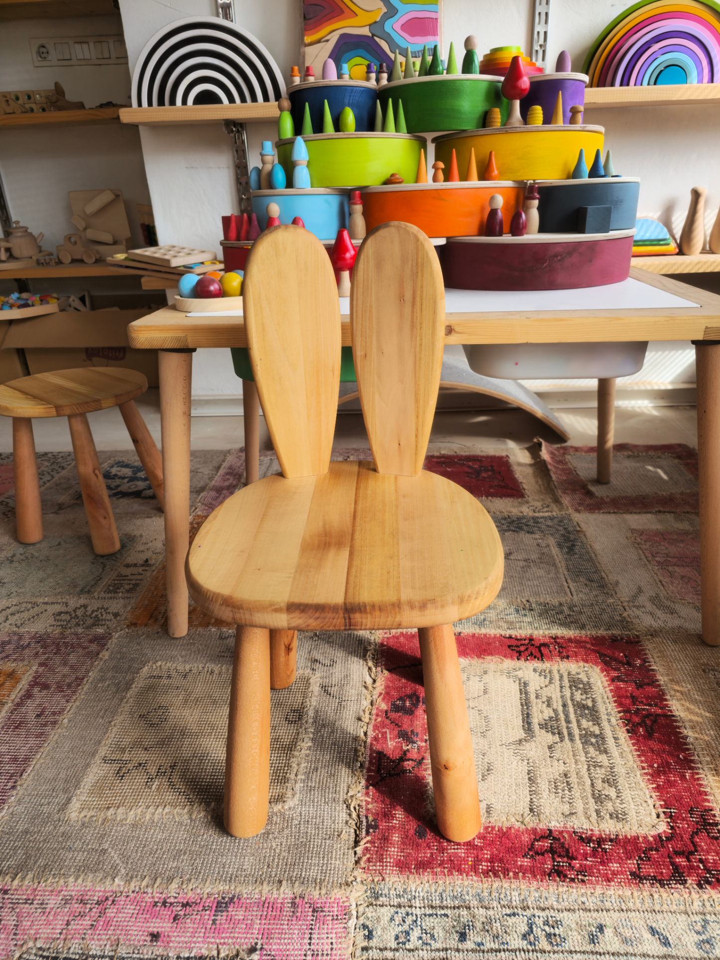 Tavsan Sandalye | Montessori Cocuk Sandalyesi | Dogal Ahsap | 32 cm Oturma Yuksekligi