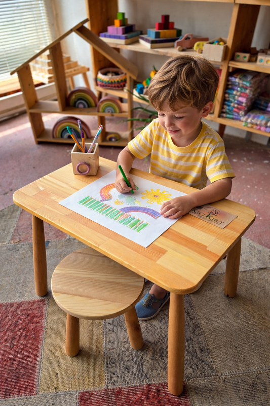 <p>Montessori çocuk masa ve sandalye seti doğal ahşap ürün görseli</p>