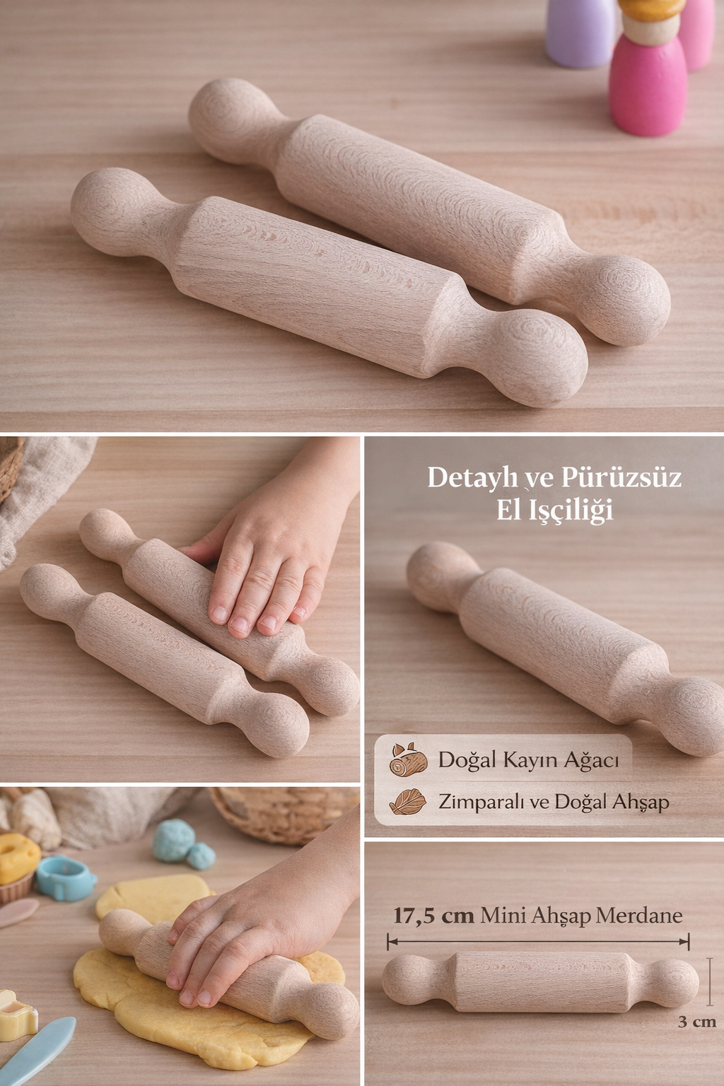 Mini Wooden Rolling Pin – Natural Beech Wood – 17.5 cm | Play Dough &amp; Ceramics &amp; Kitchen