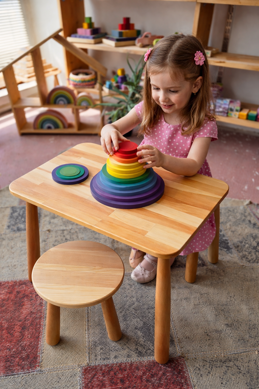 <p>Montessori çocuk masa ve sandalye seti doğal ahşap ürün görseli</p>